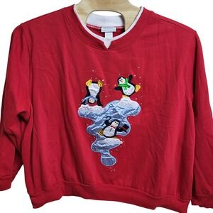 CW Classics Women's 4X Red Penguin Holiday Christmas Sweatshirt Rhinestone Party